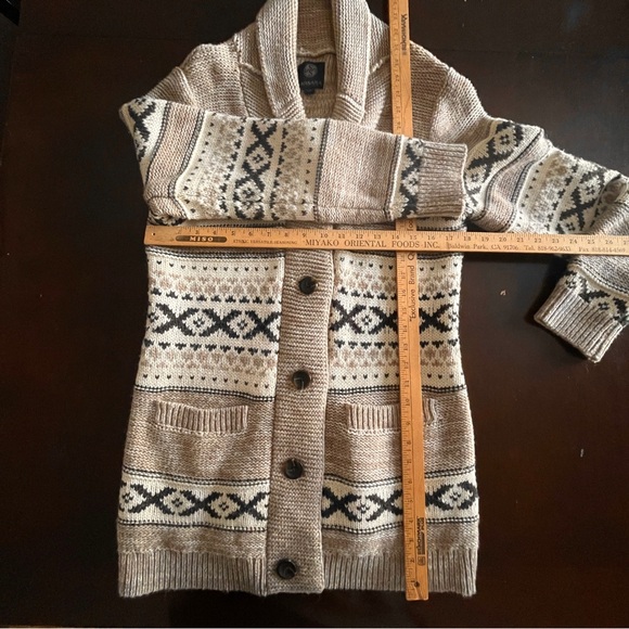 SANSARA Wool Blend Cardigan W's L Nordic Fair Isle Style Shawl Collar Long Line - Picture 4 of 8